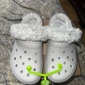 CROCS Kids' Gray Slippers with Fuzzy Lining